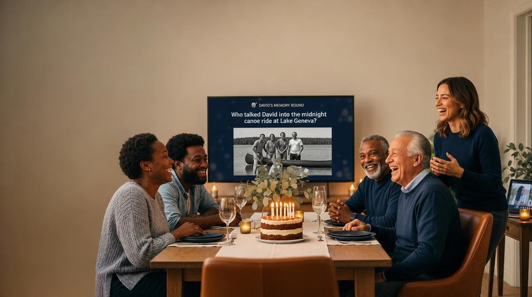 A woman adds a family photo and memory from her phone at a kitchen table